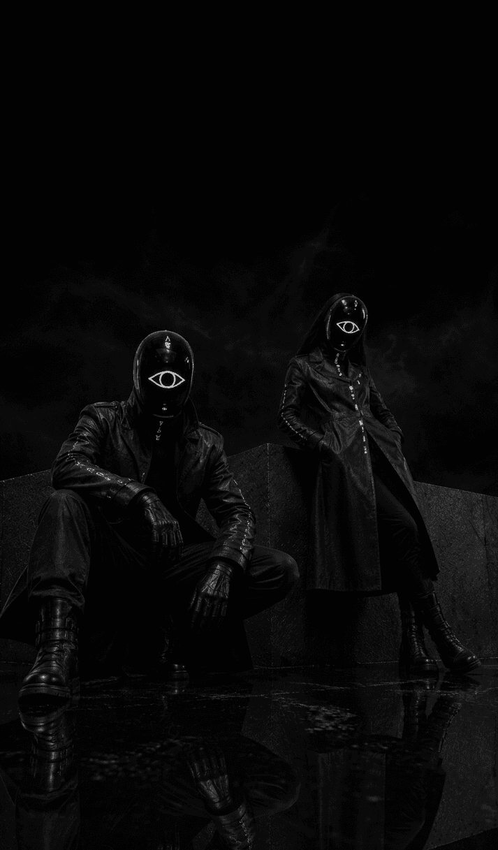 Two Commanders, masked, seated in the bridge of the mothership.