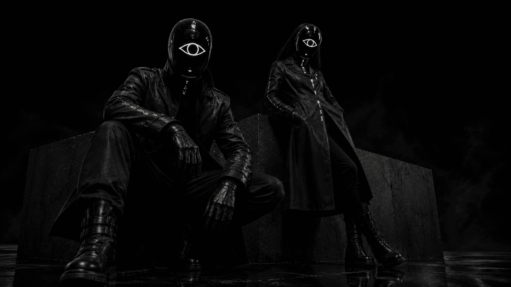 Two Commanders, masked, seated in the bridge of the mothership.